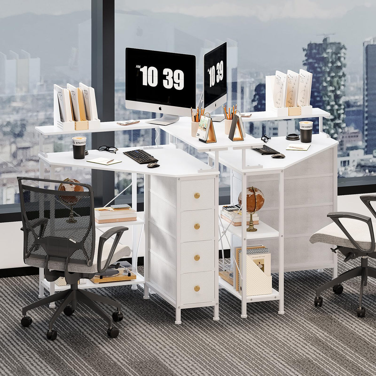 White Corner Desk with Drawers Shelves and Power Outlets I519