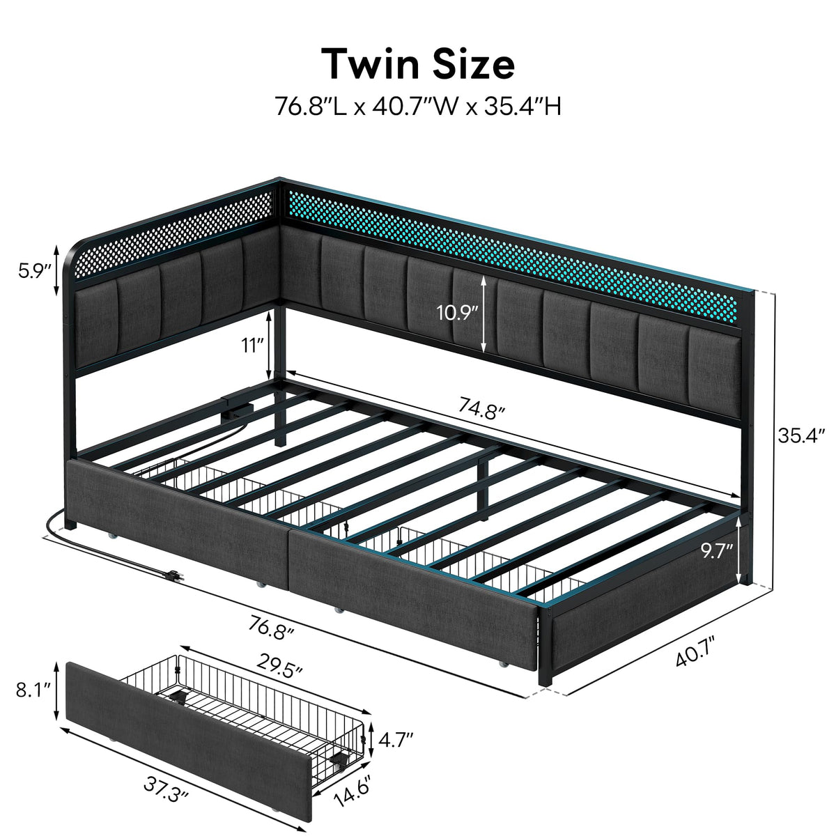 Twin Corner Bed Frame with Upholstered Guardrail H505