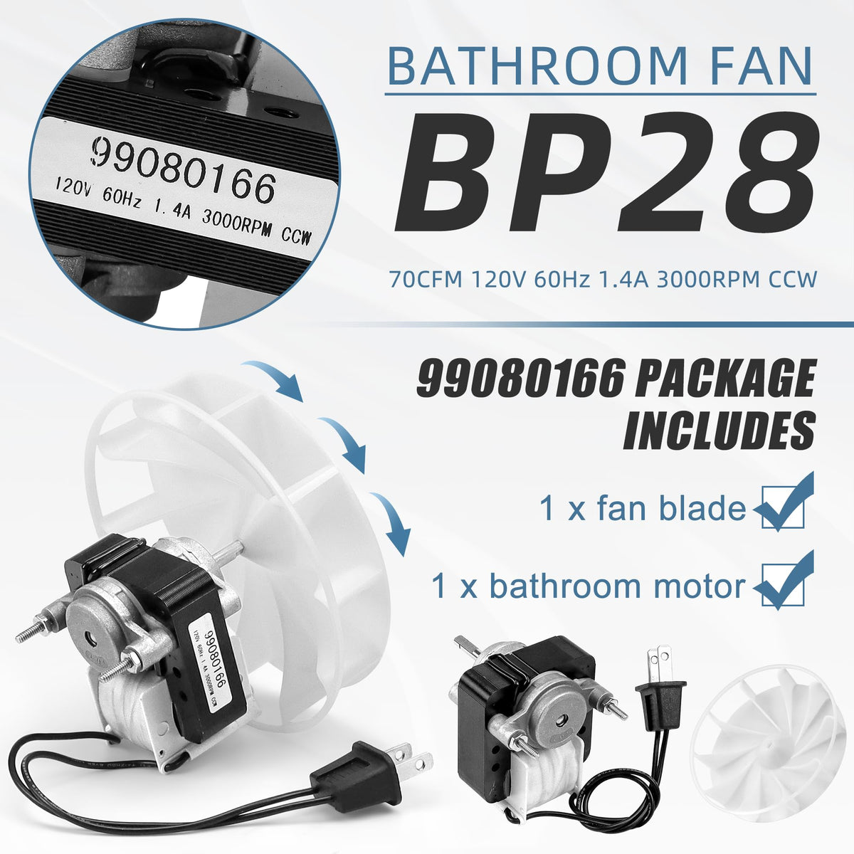 Bathroom Vent Bath Fan Motor Kit Replacement 70cfm 1.4 Amp 120V E72185