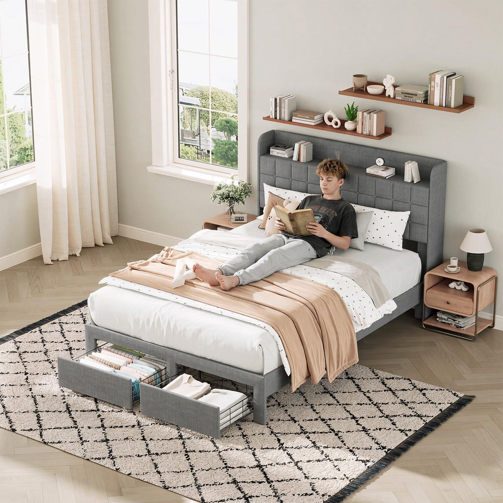 Full Upholstered Platform Bed Frame with Storage Drawers D9309