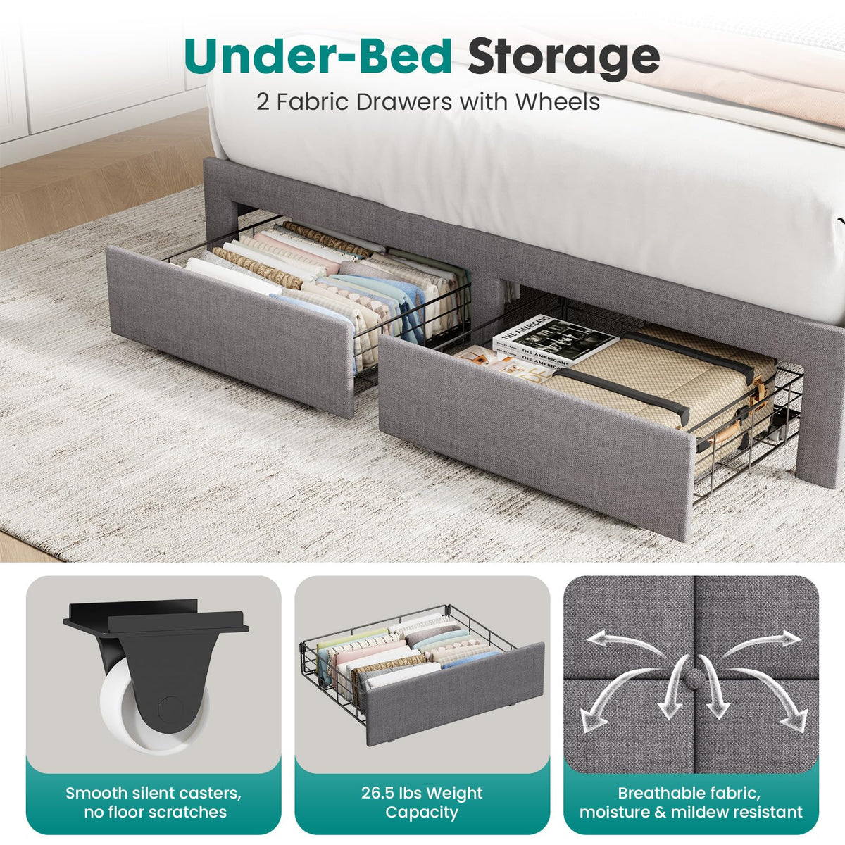 Full Upholstered Platform Bed Frame with Storage Drawers D9309