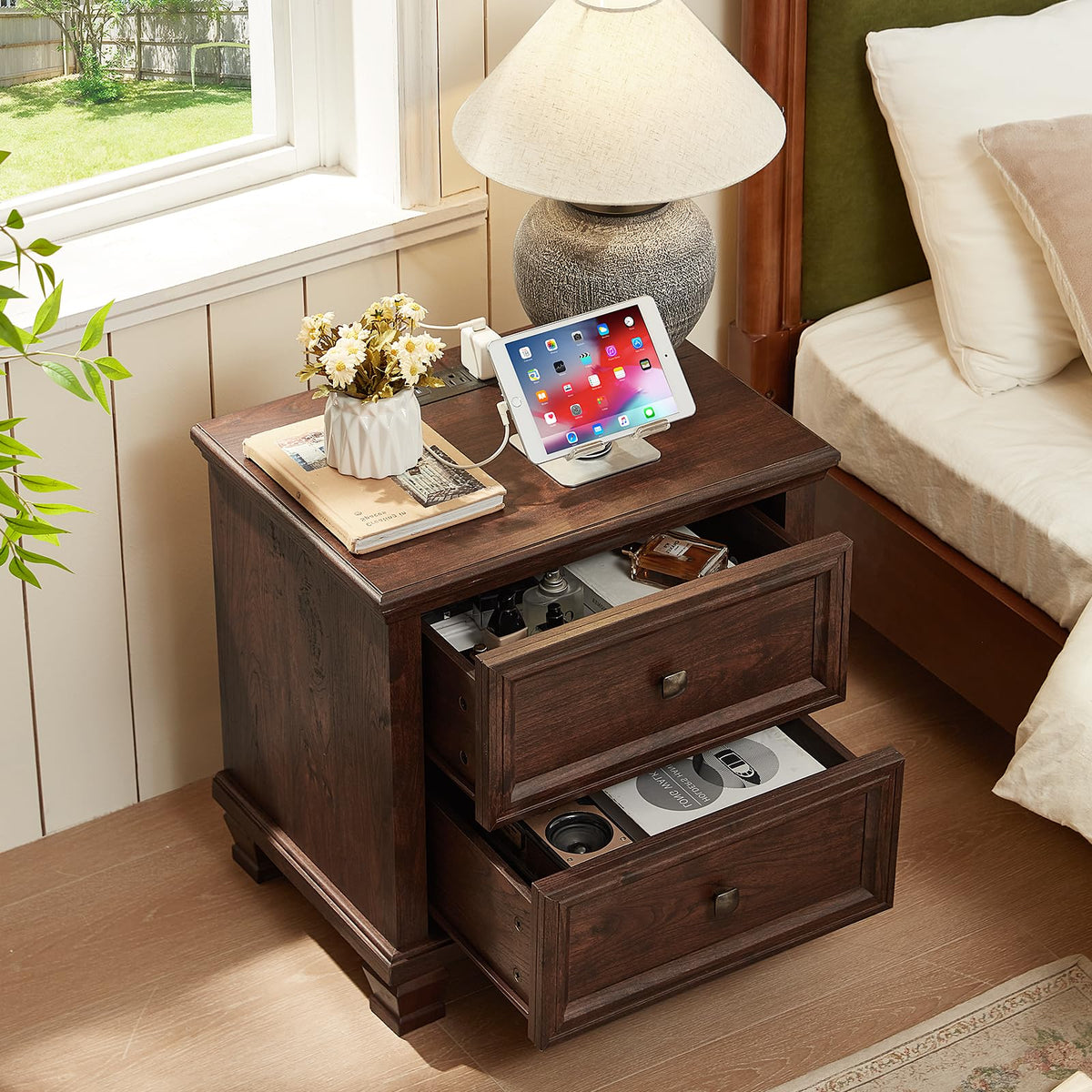 Nightstand Set of 2 with Charging Stations, 2 Drawers, Walnut U6162