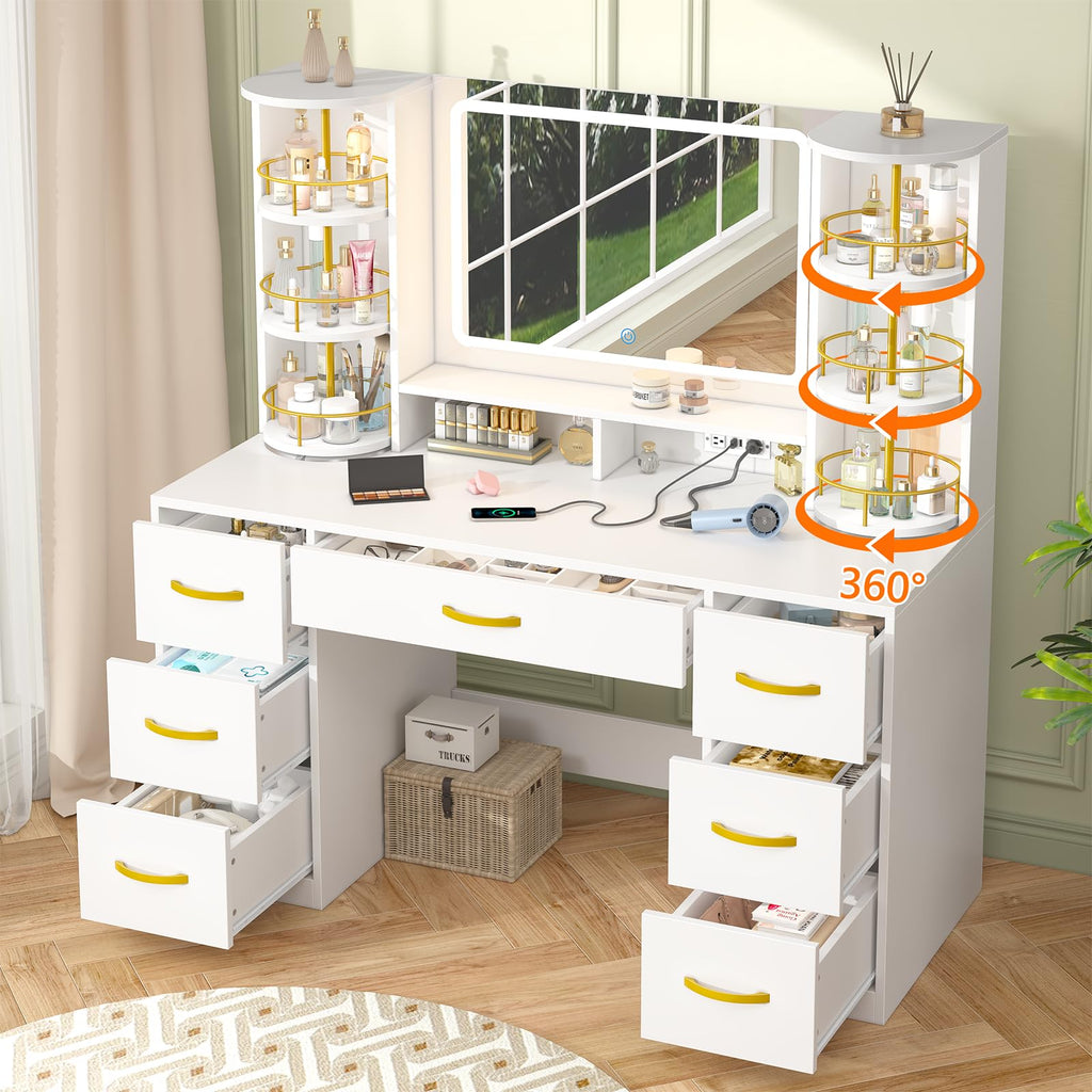 Vanity Desk with Mirror and Lights, 7 Drawers Q7915