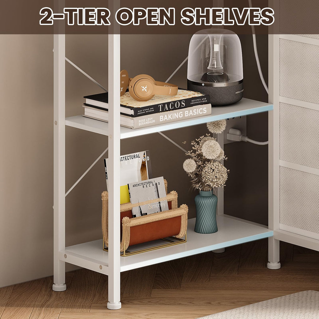 White Corner Desk with Drawers Shelves and Power Outlets I519