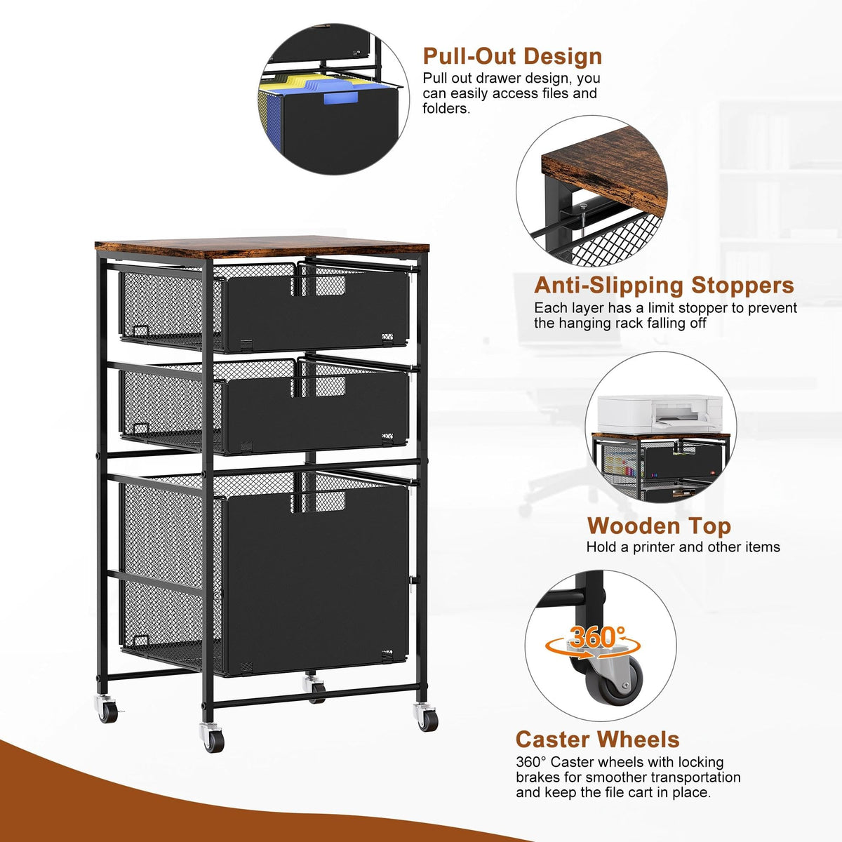 Black 3 Drawer Rolling File Cabinet with Printer Stand M543