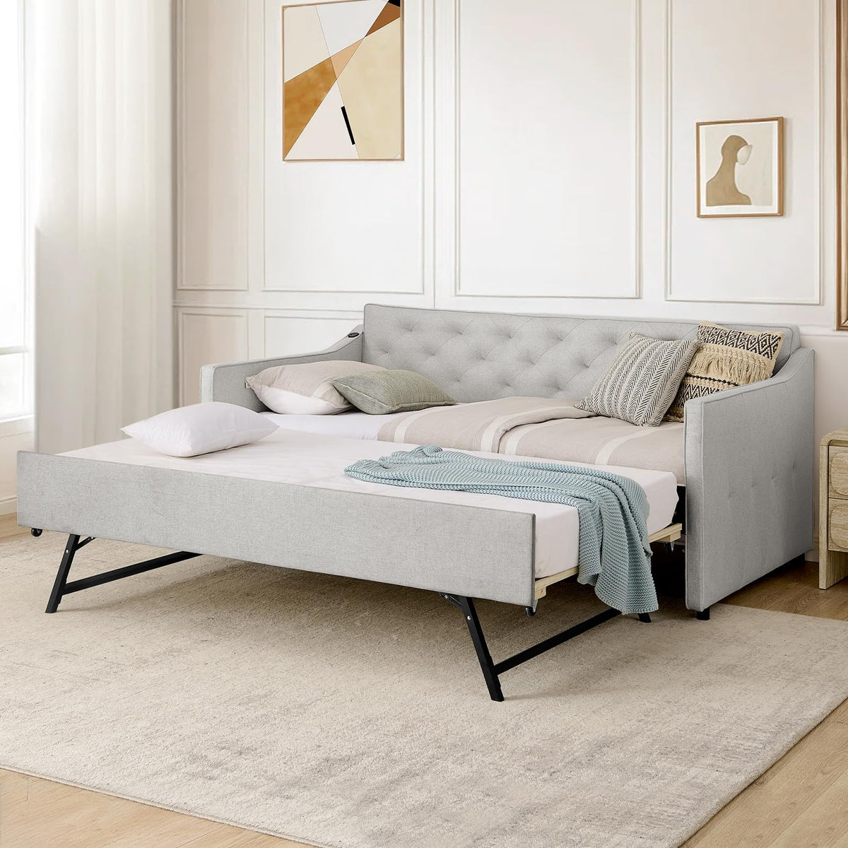 Twin to King Upholstered Tufted Linen Daybed with Pop Up Trundle L925689