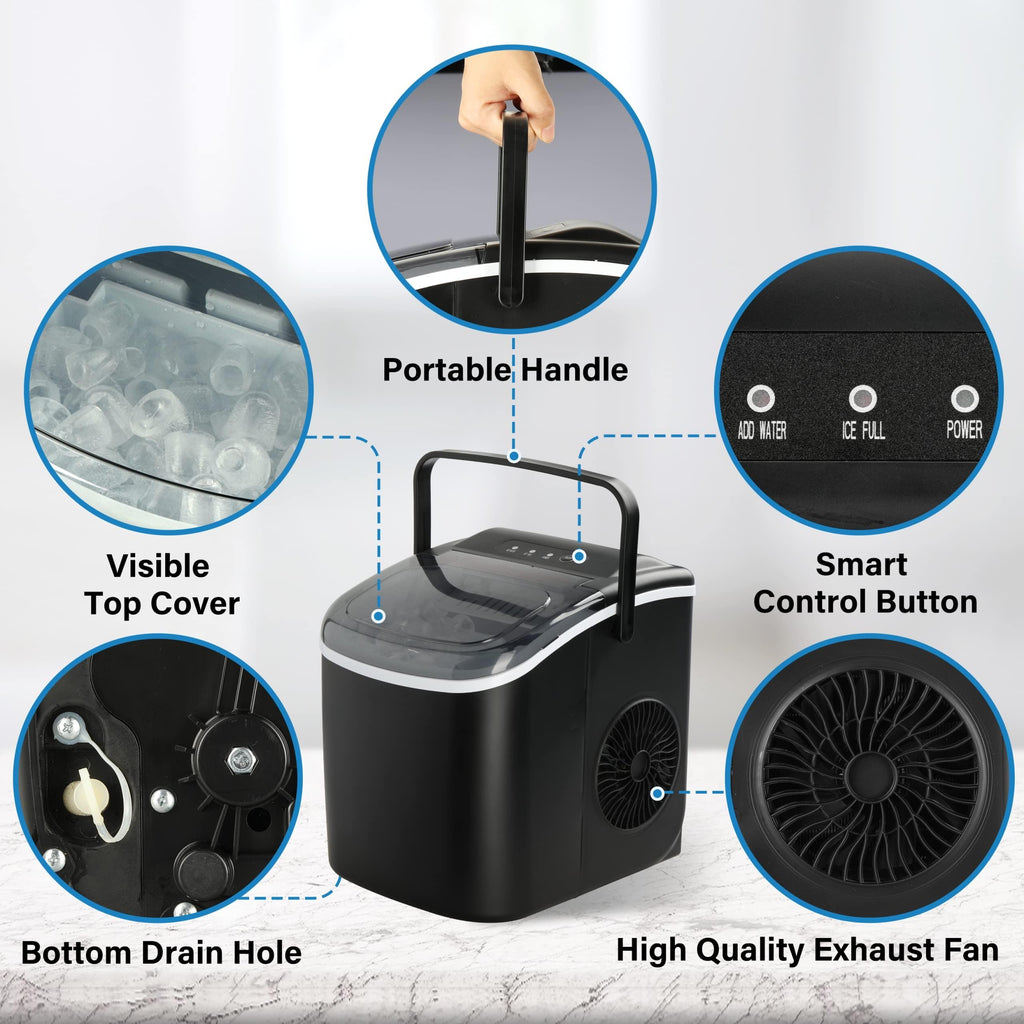 Countertop Ice Maker with Self-Cleaning, Ice Spoon and Basket, Black S1025