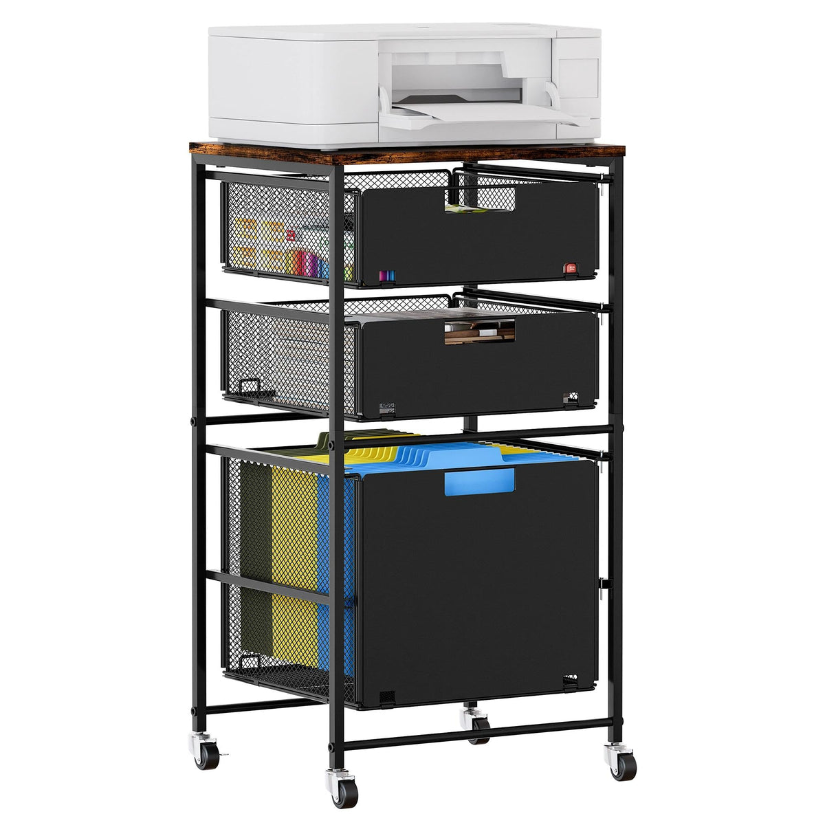 Black 3 Drawer Rolling File Cabinet with Printer Stand M543