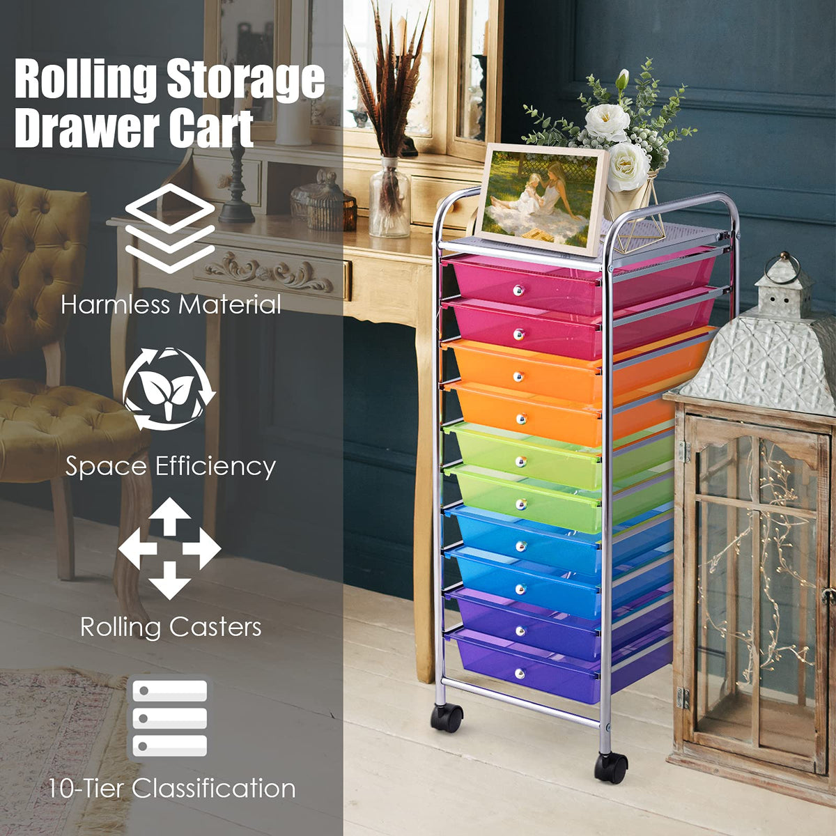 10 Drawer Multicolor Rolling Storage Cart F1112