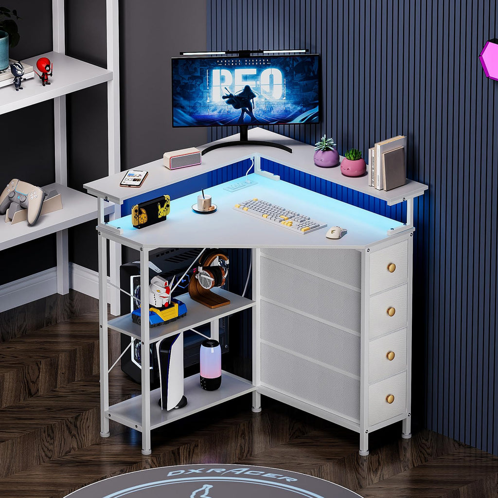 White Corner Desk with Drawers Shelves and Power Outlets I519