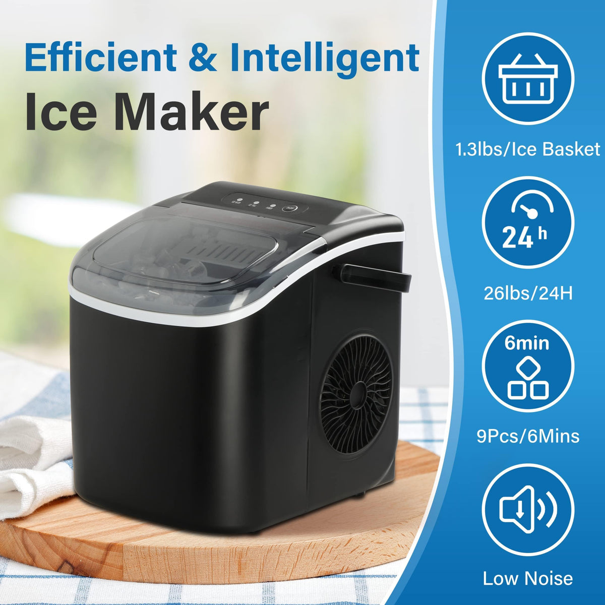Countertop Ice Maker with Self-Cleaning, Ice Spoon and Basket, Black S1025