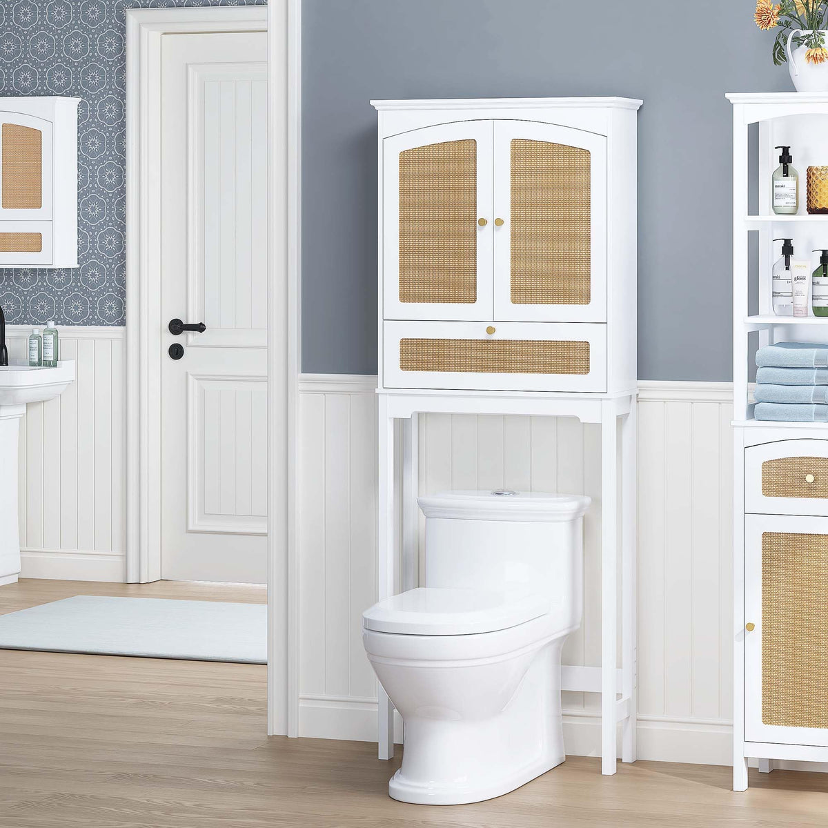 Over the Toilet Storage Cabinet with Arched Rattan Doors, White Q3069