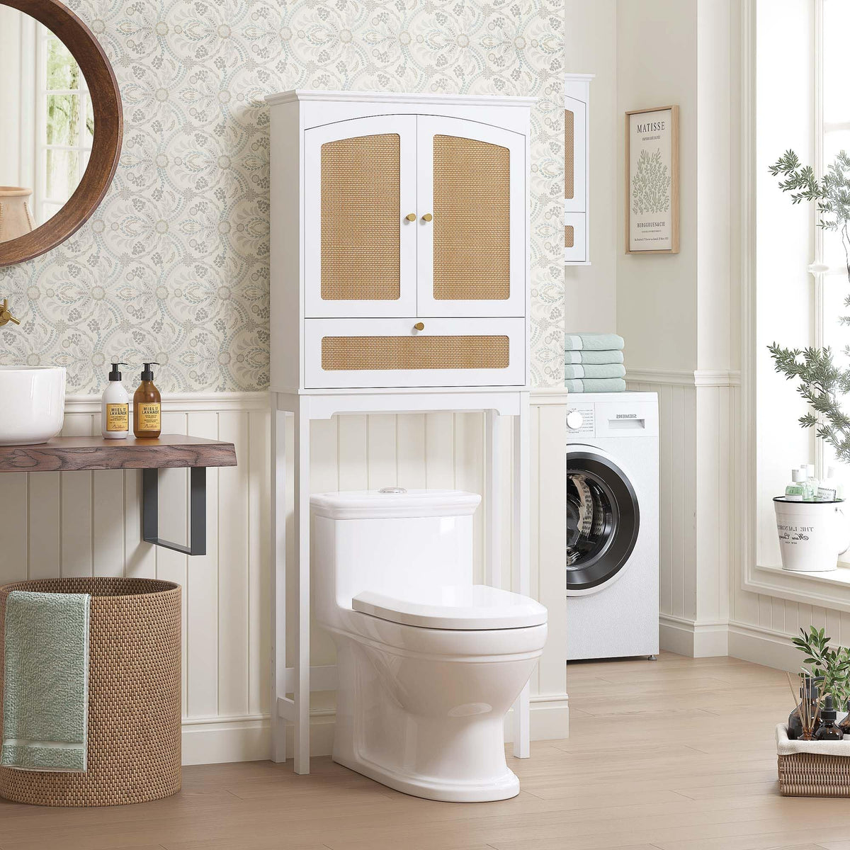 Over the Toilet Storage Cabinet with Arched Rattan Doors, White Q3069