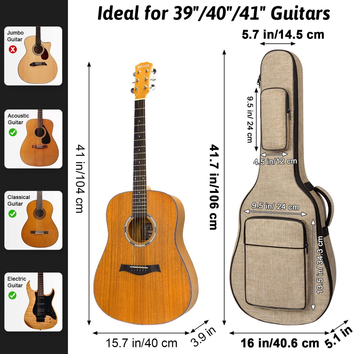 Khaki Acoustic Guitar Bag with Waterproof Padding and Shoulder Strap X794