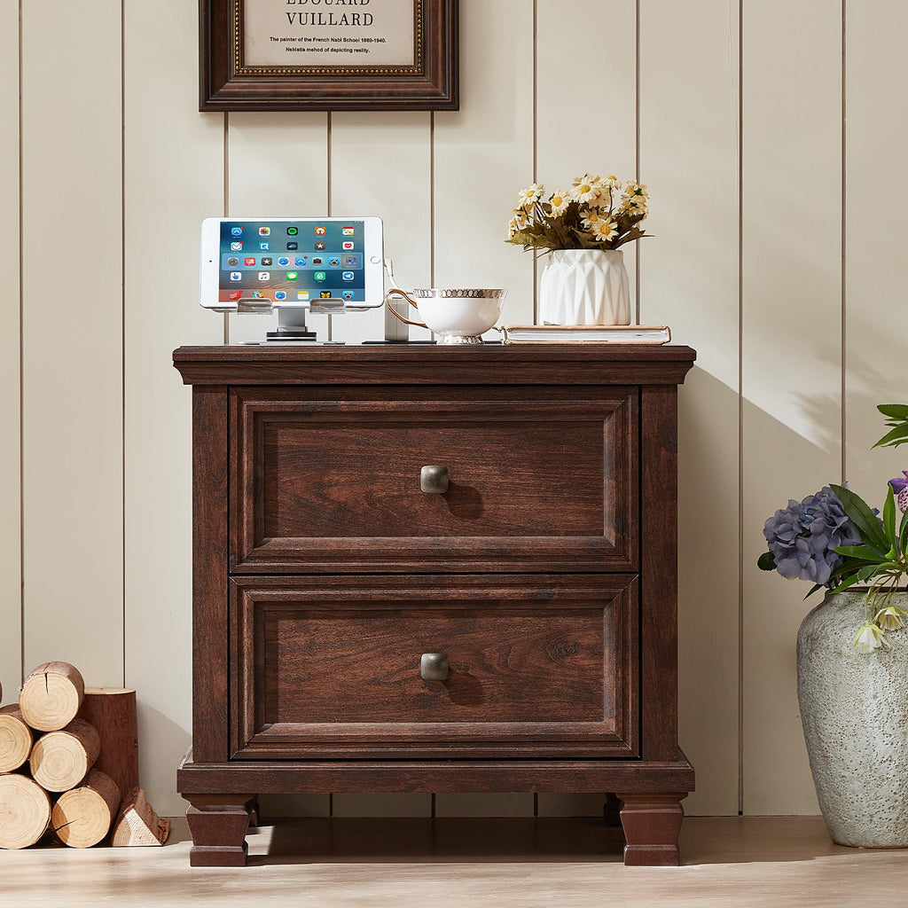 Nightstand Set of 2 with Charging Stations, 2 Drawers, Walnut U6162