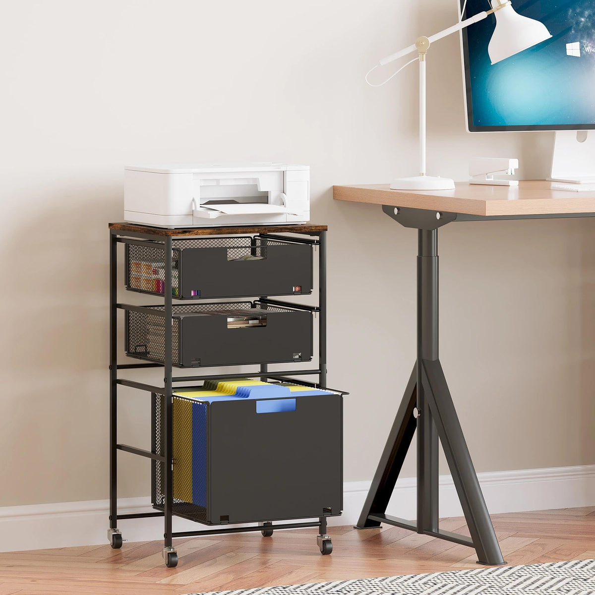Black 3 Drawer Rolling File Cabinet with Printer Stand M543