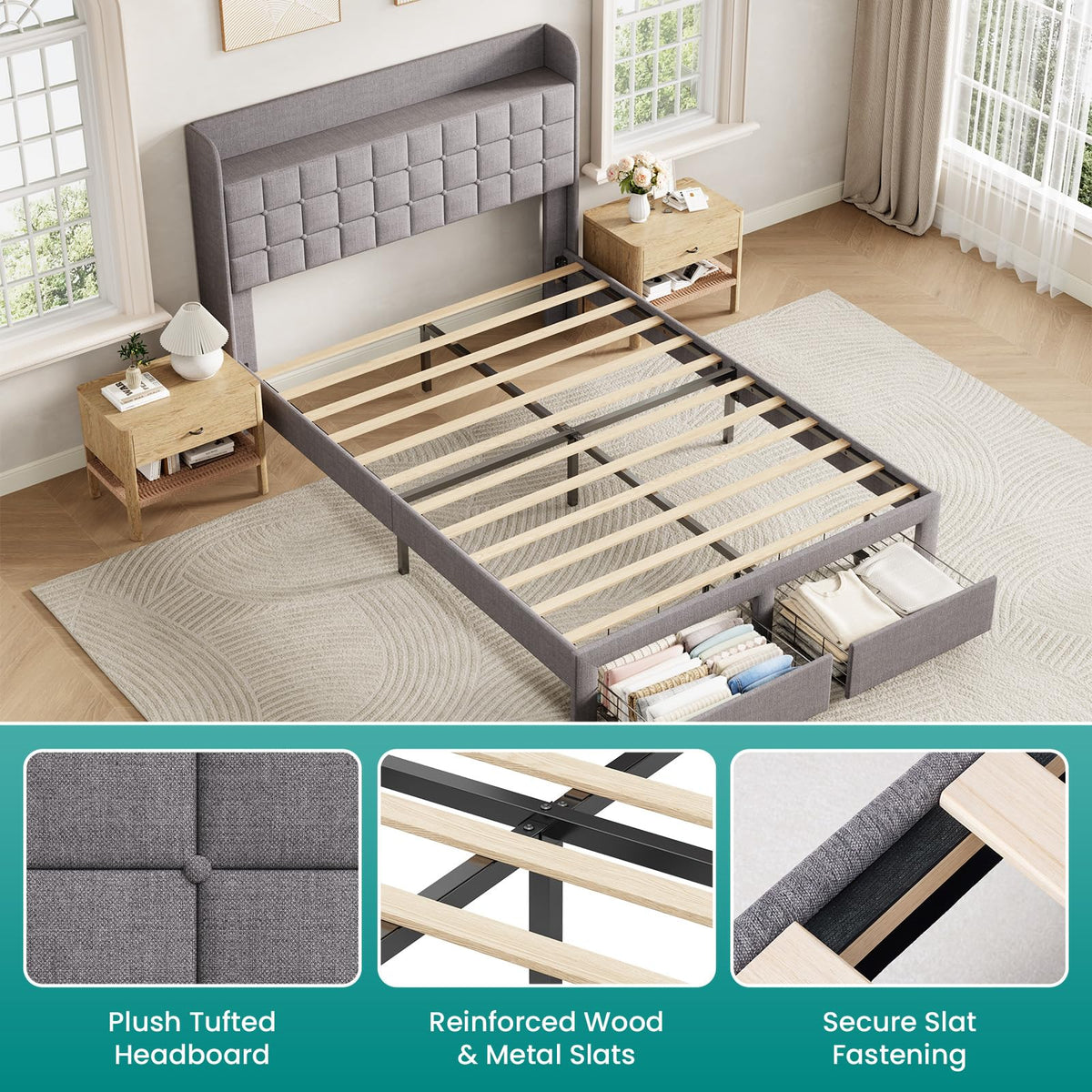 Full Upholstered Platform Bed Frame with Storage Drawers D9309