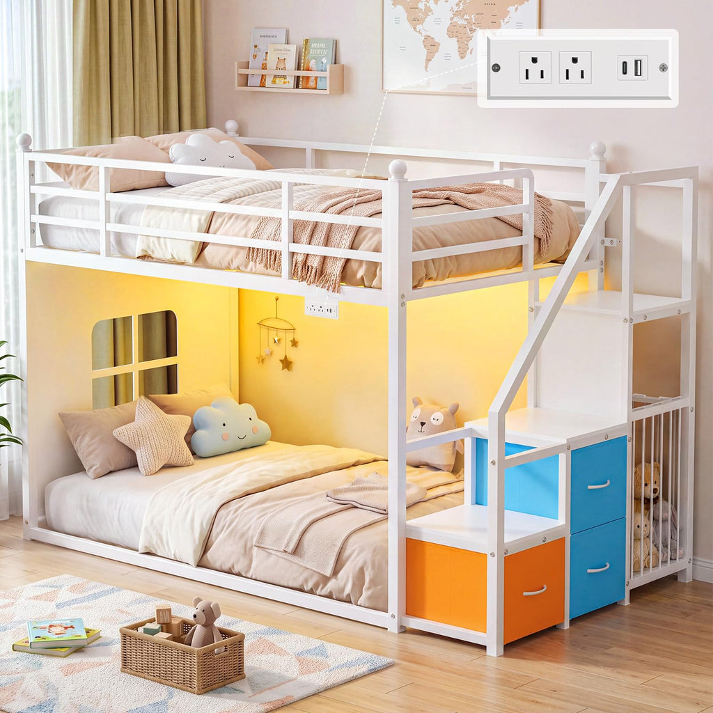 White Twin Over Twin Bunk Bed with Stairs and 3 Storage Drawers I544731