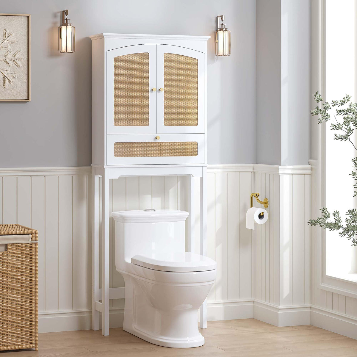 Over the Toilet Storage Cabinet with Arched Rattan Doors, White Q3069