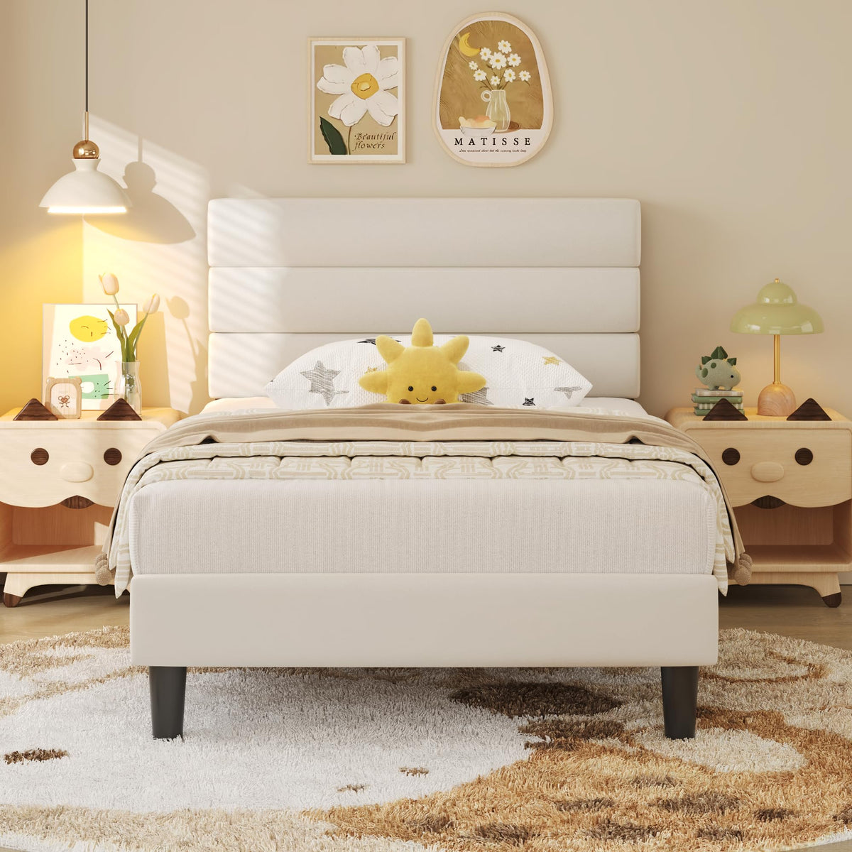 Beige Velvet Upholstered Twin Platform Bed Frame I21216