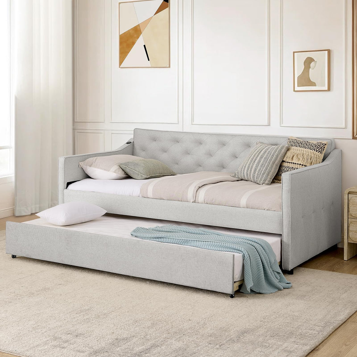 Twin to King Upholstered Tufted Linen Daybed with Pop Up Trundle L925689
