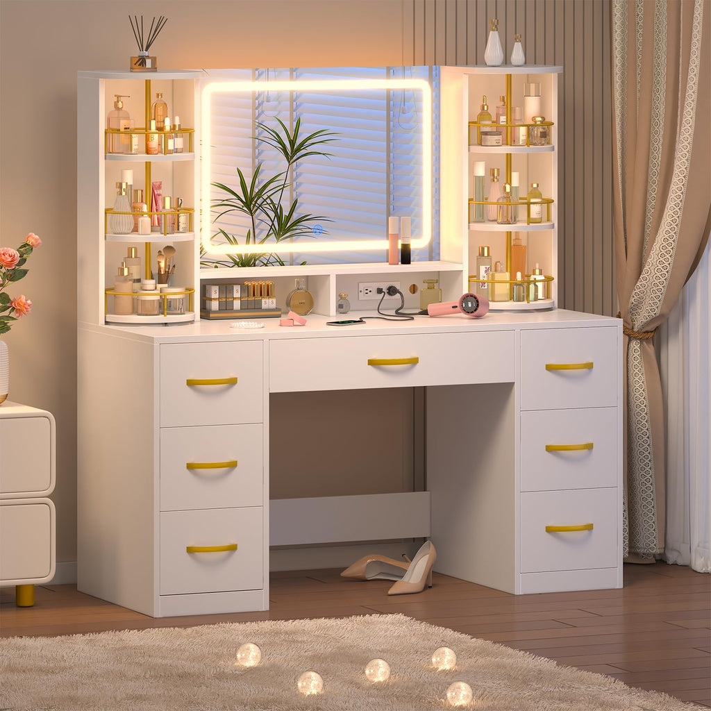 Vanity Desk with Mirror and Lights, 7 Drawers Q7915