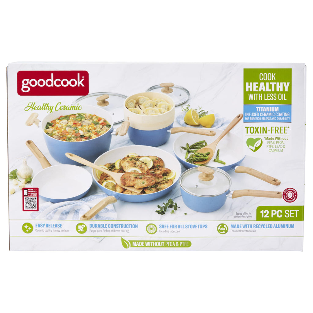 12-Piece Light Blue Ceramic Titanium-Infused Nonstick Cookware Set I768408