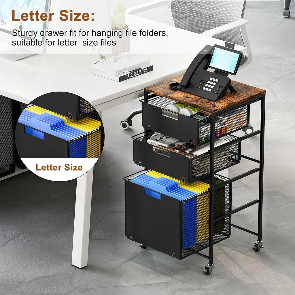 Black 3 Drawer Rolling File Cabinet with Printer Stand M543