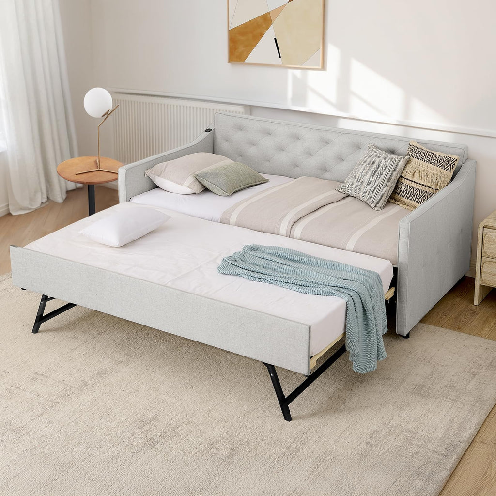 Twin to King Upholstered Tufted Linen Daybed with Pop Up Trundle L925689