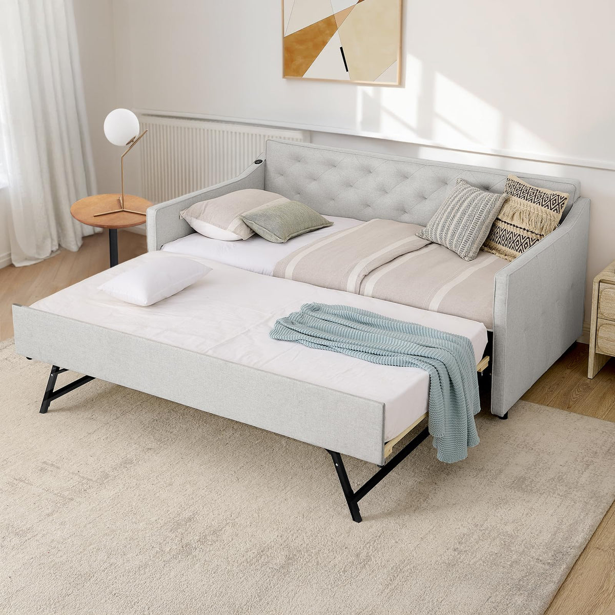 Twin to King Upholstered Tufted Linen Daybed with Pop Up Trundle L925689