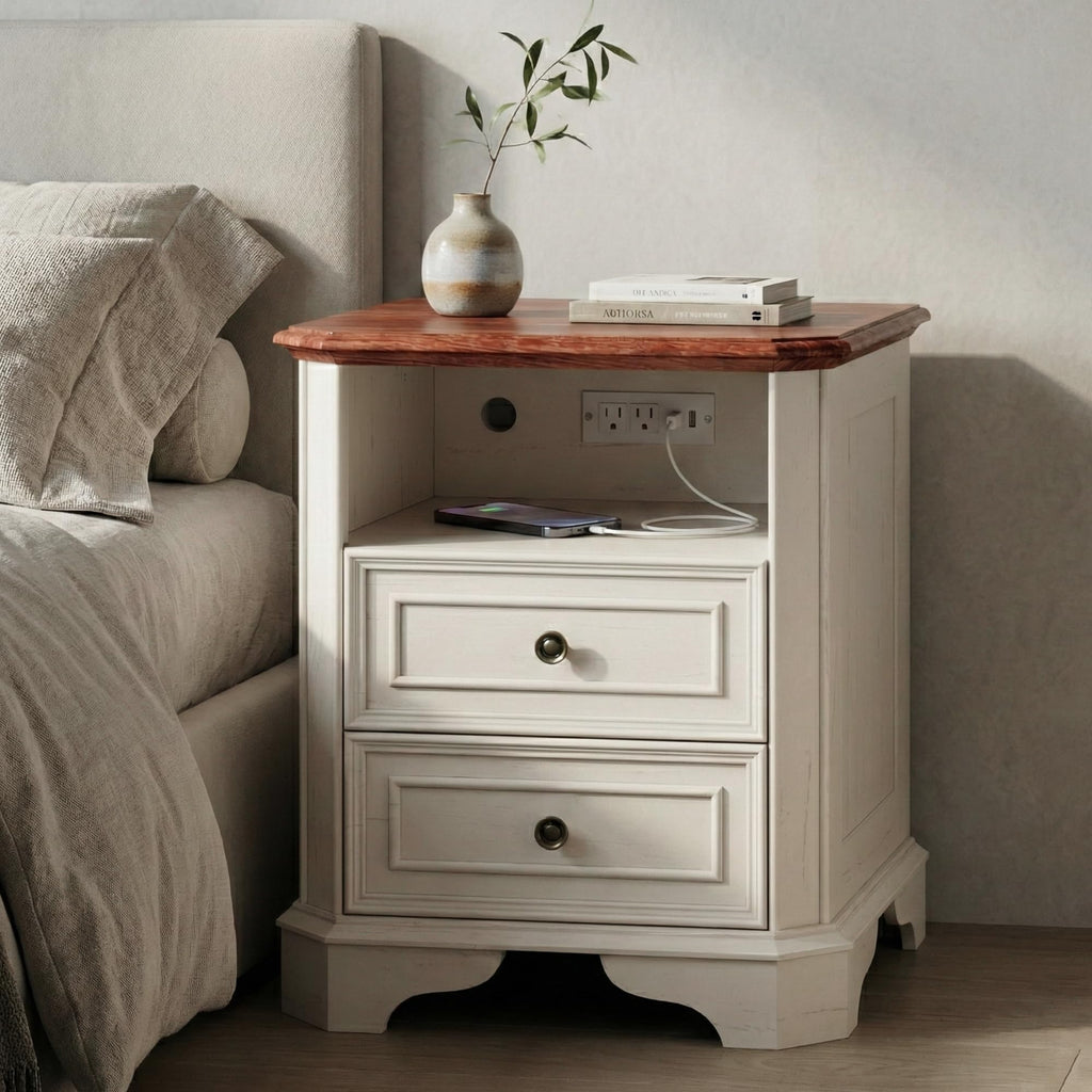 White Set of 2 Nightstand with Charging Station, 2 Drawers and Open Shelf E66839