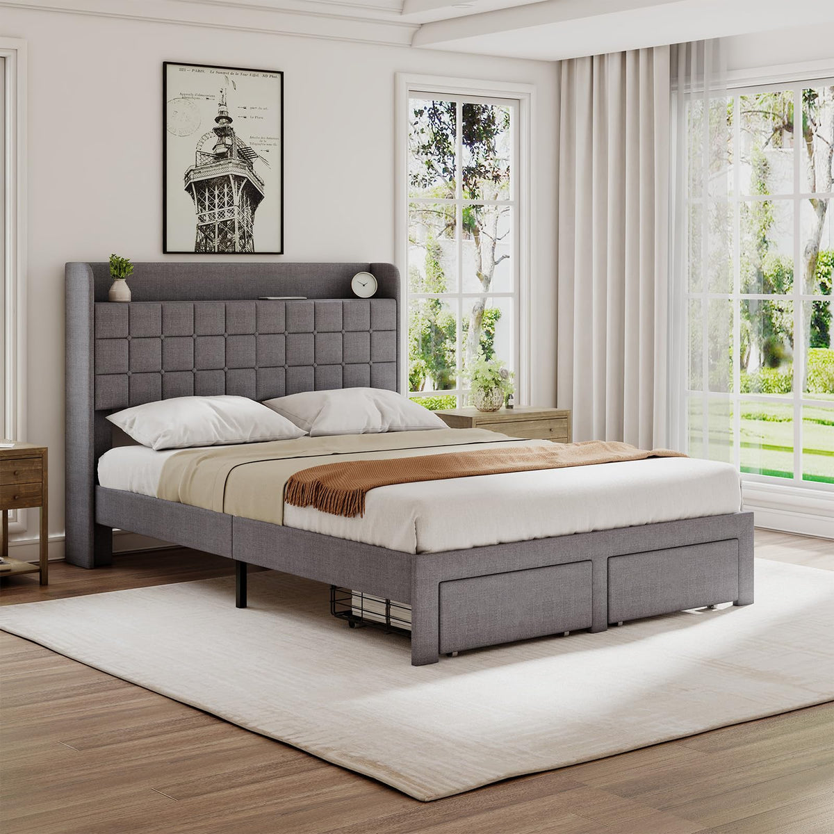 Full Upholstered Platform Bed Frame with Storage Drawers D9309