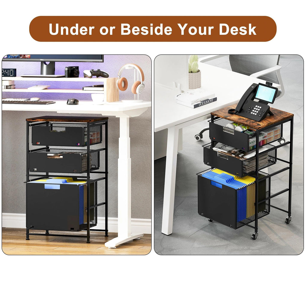 Black 3 Drawer Rolling File Cabinet with Printer Stand M543