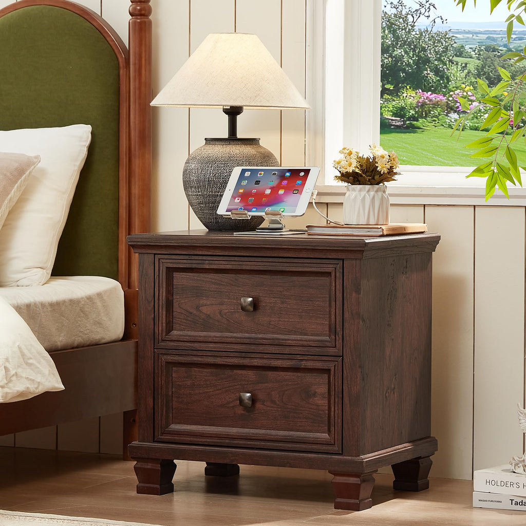 Nightstand Set of 2 with Charging Stations, 2 Drawers, Walnut U6162