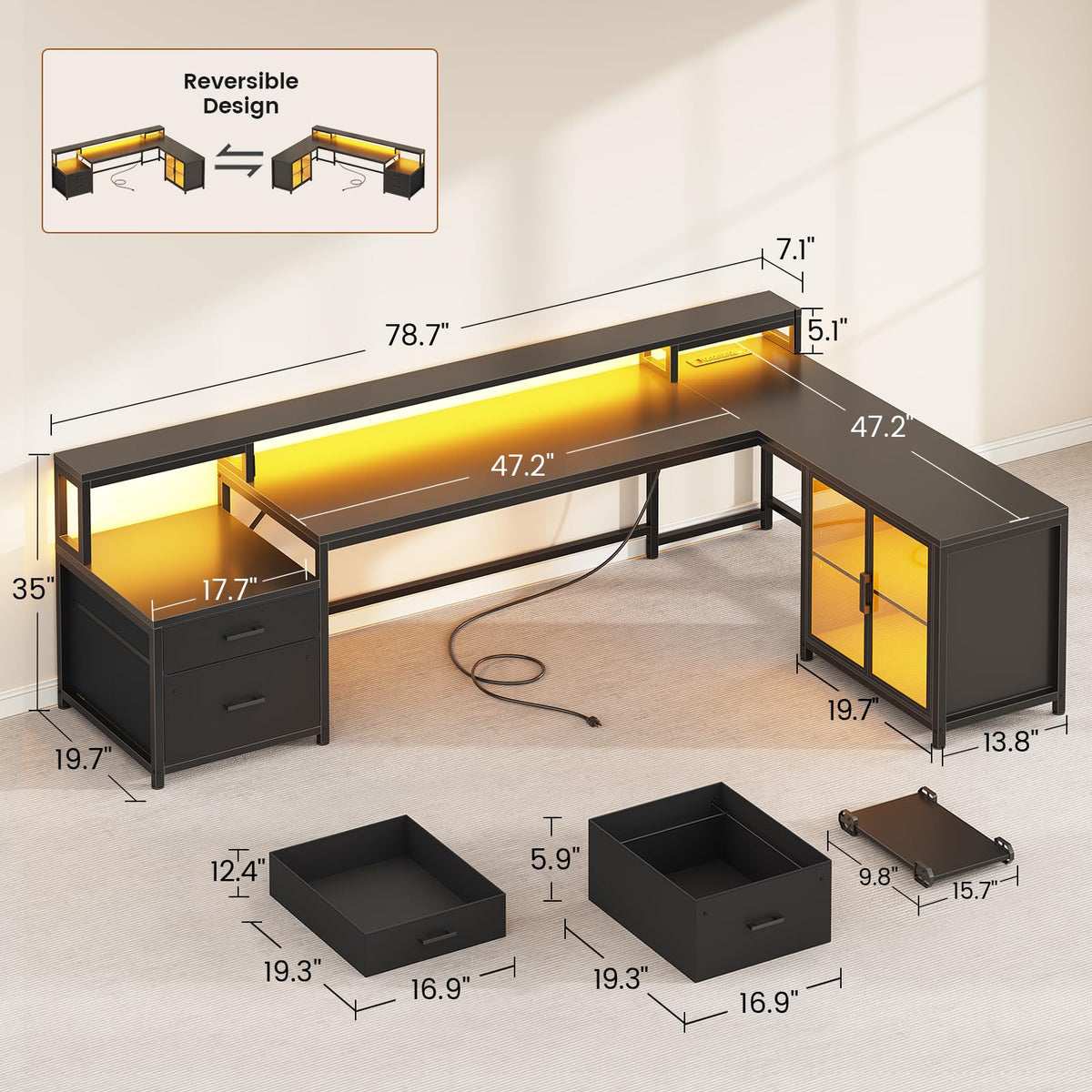 78.7” L Shaped Gaming Desk with Drawers T6758