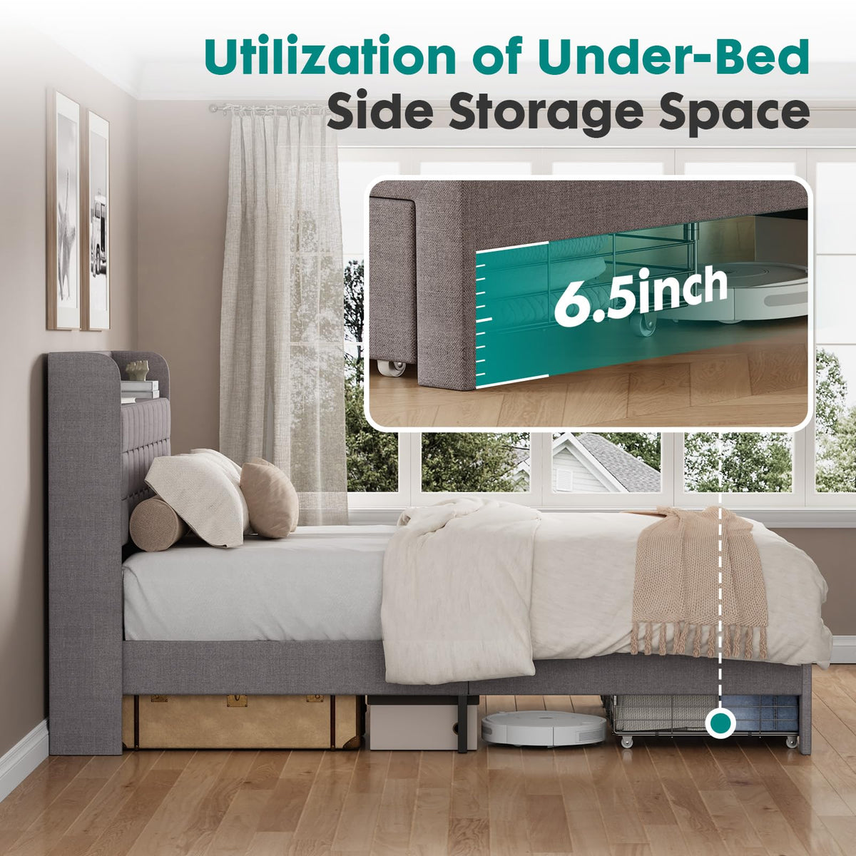 Full Upholstered Platform Bed Frame with Storage Drawers D9309