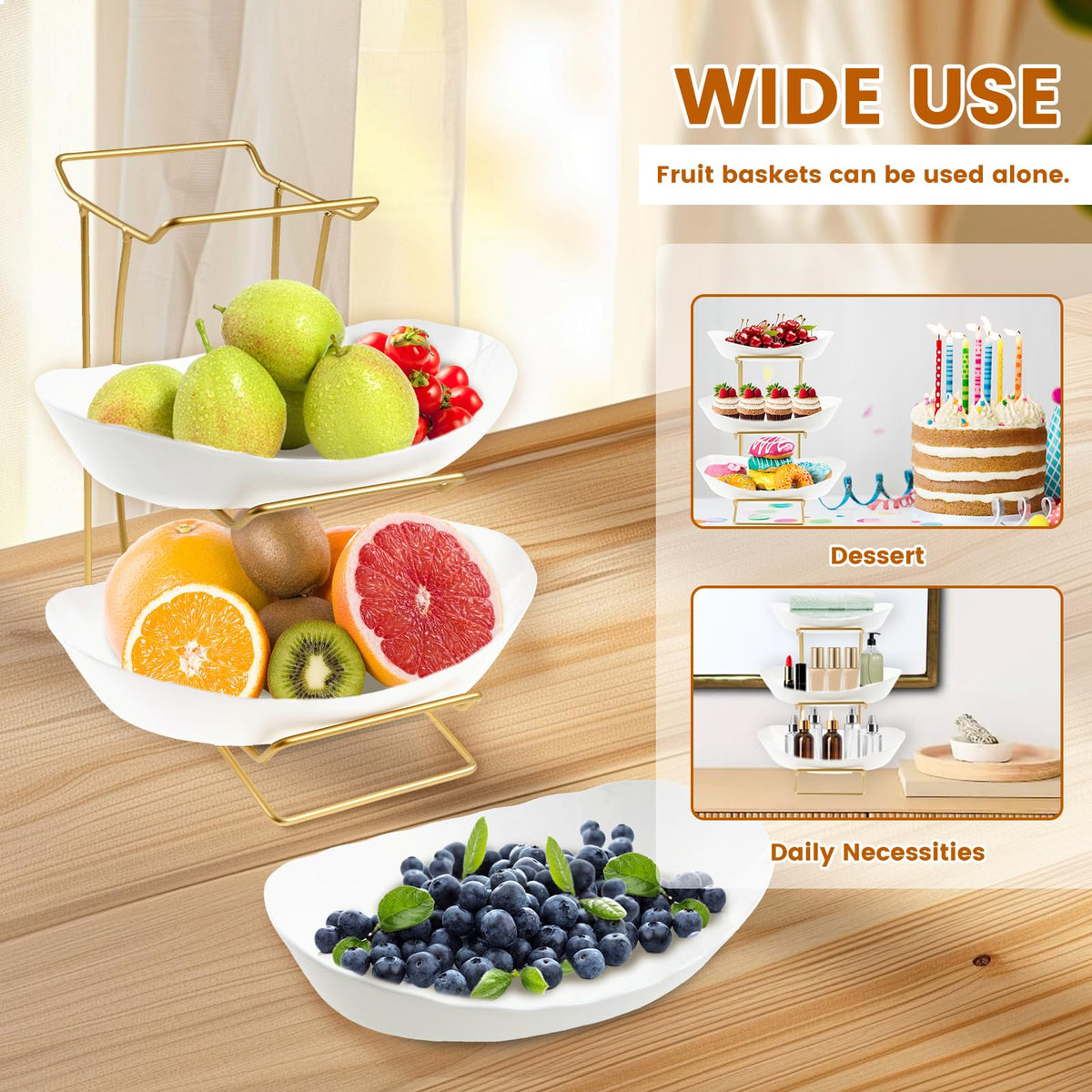 3 Tier Fruit Basket with Gold Metal Stand A4247