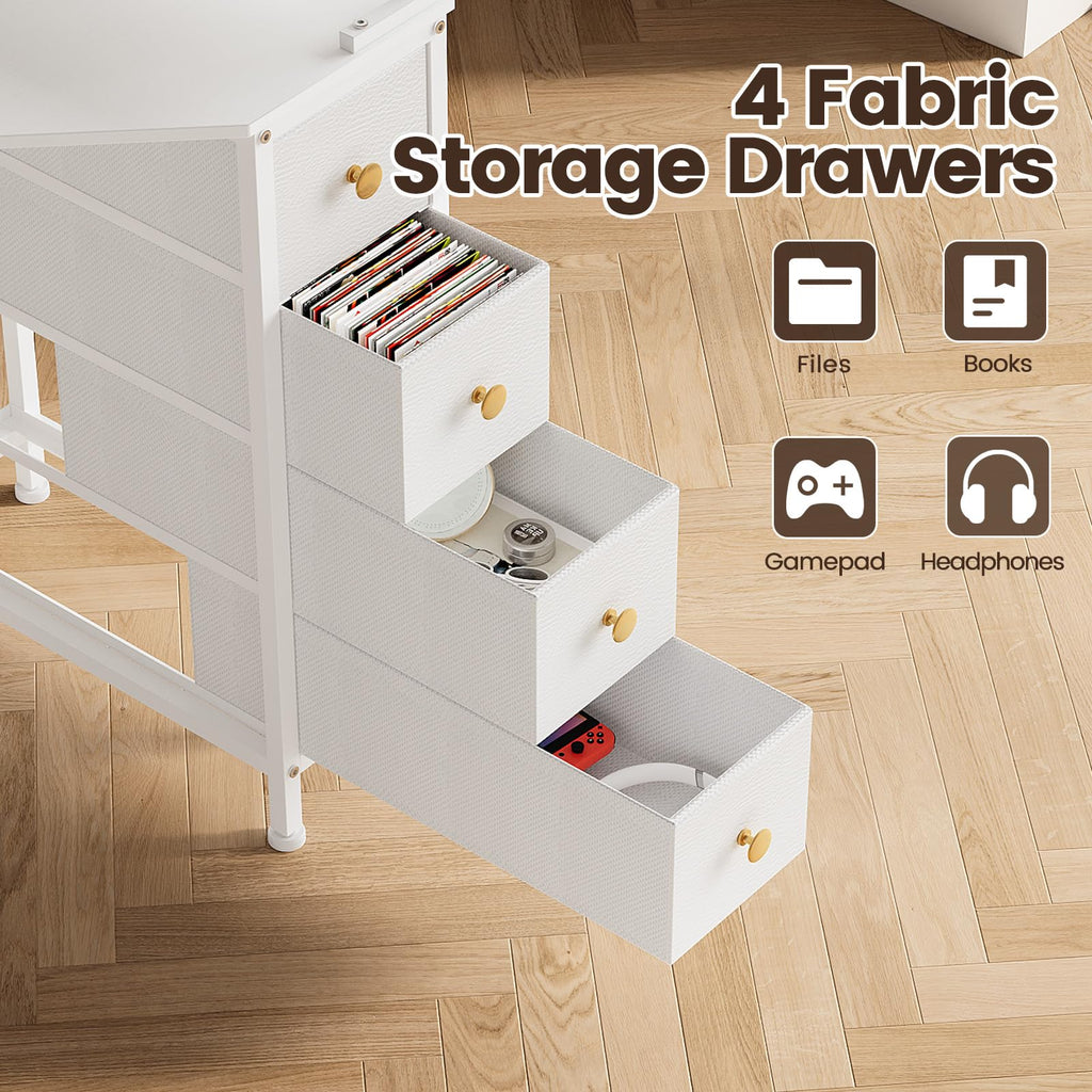 White Corner Desk with Drawers Shelves and Power Outlets I519