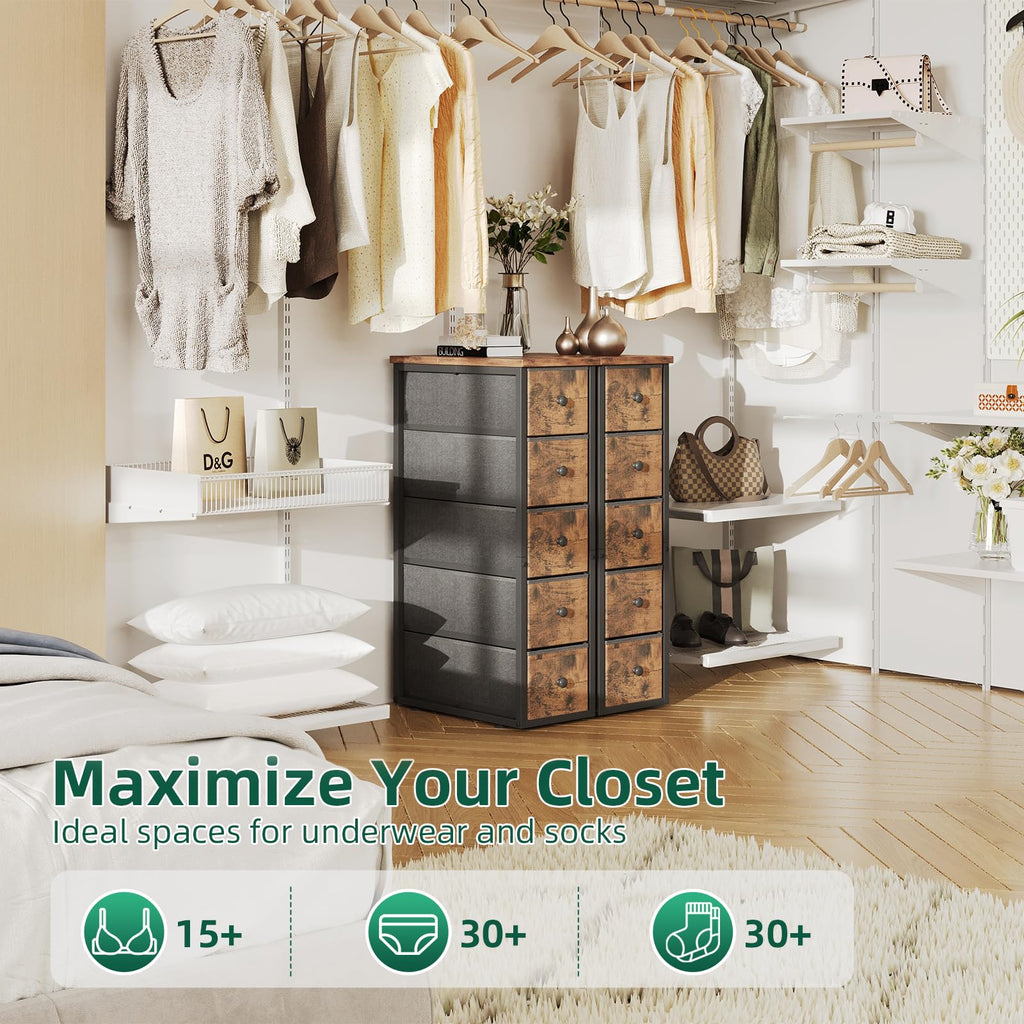 Narrow 5 Fabric Drawers Rustic Brown Dresser R25220