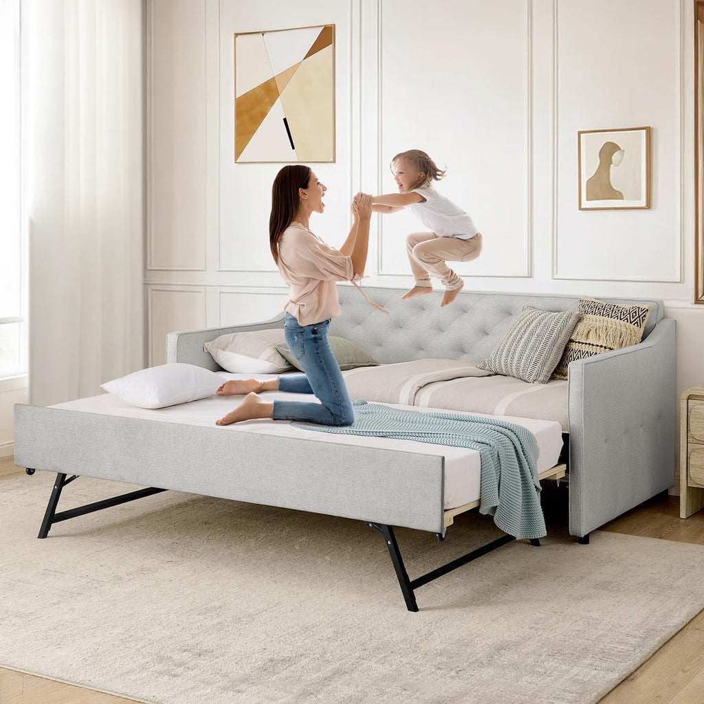 Twin to King Upholstered Tufted Linen Daybed with Pop Up Trundle L925689