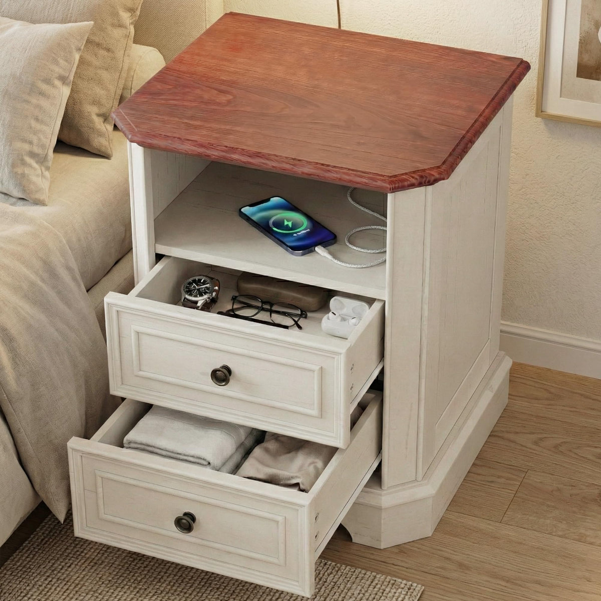White Set of 2 Nightstand with Charging Station, 2 Drawers and Open Shelf E66839