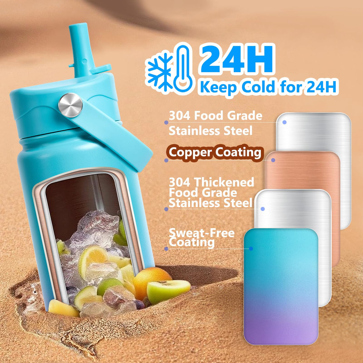 Insulated Water Bottle with Lid & Boot & Stickers, 24 oz A303482