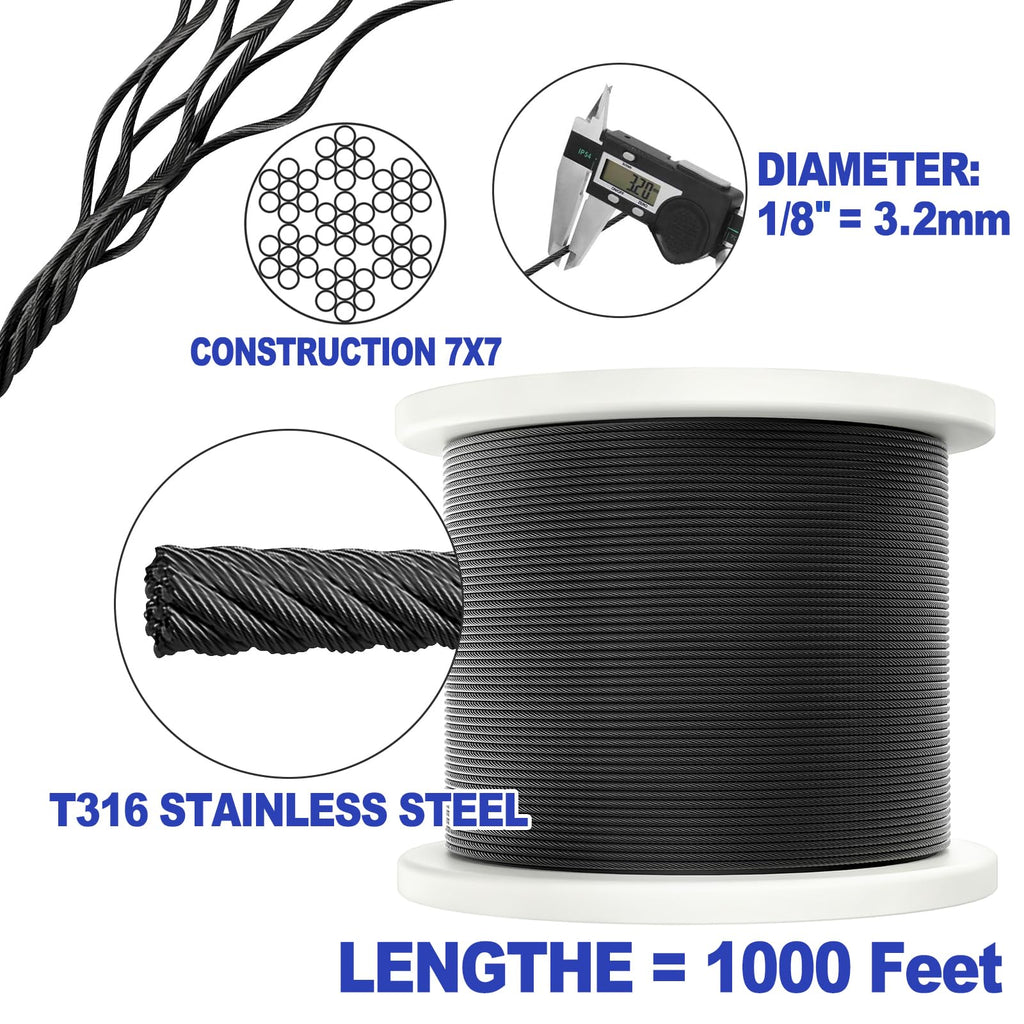 1000FT 1/8" Black T316 Stainless Steel Cable J15505