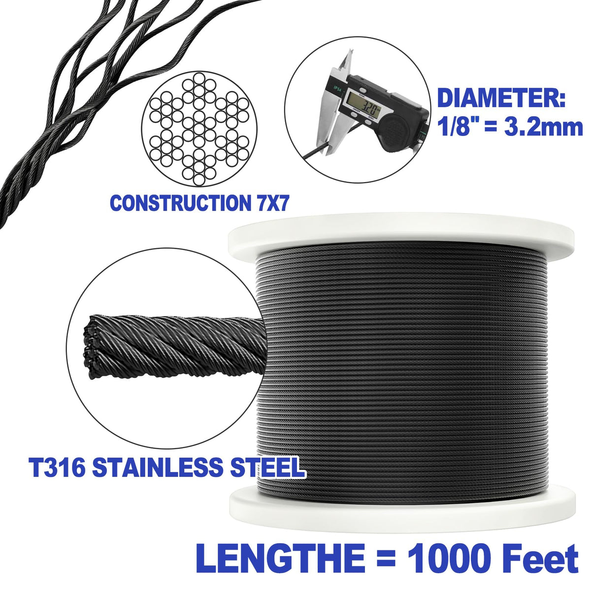1000FT 1/8" Black T316 Stainless Steel Cable J15505