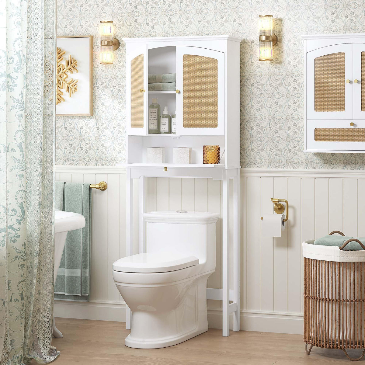 Over the Toilet Storage Cabinet with Arched Rattan Doors, White Q3069