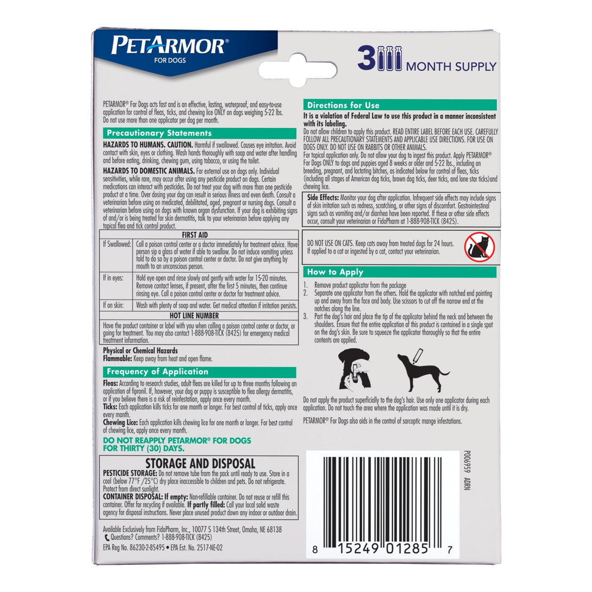 Flea & Tick Topical Dogs 5-22 lbs, Fipronil, 3-Month H2587