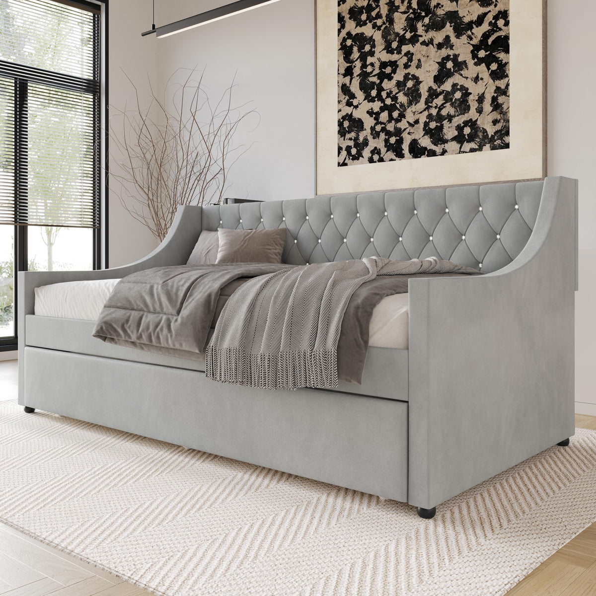 Twin Linen Upholstered Daybed with Trundle Z911