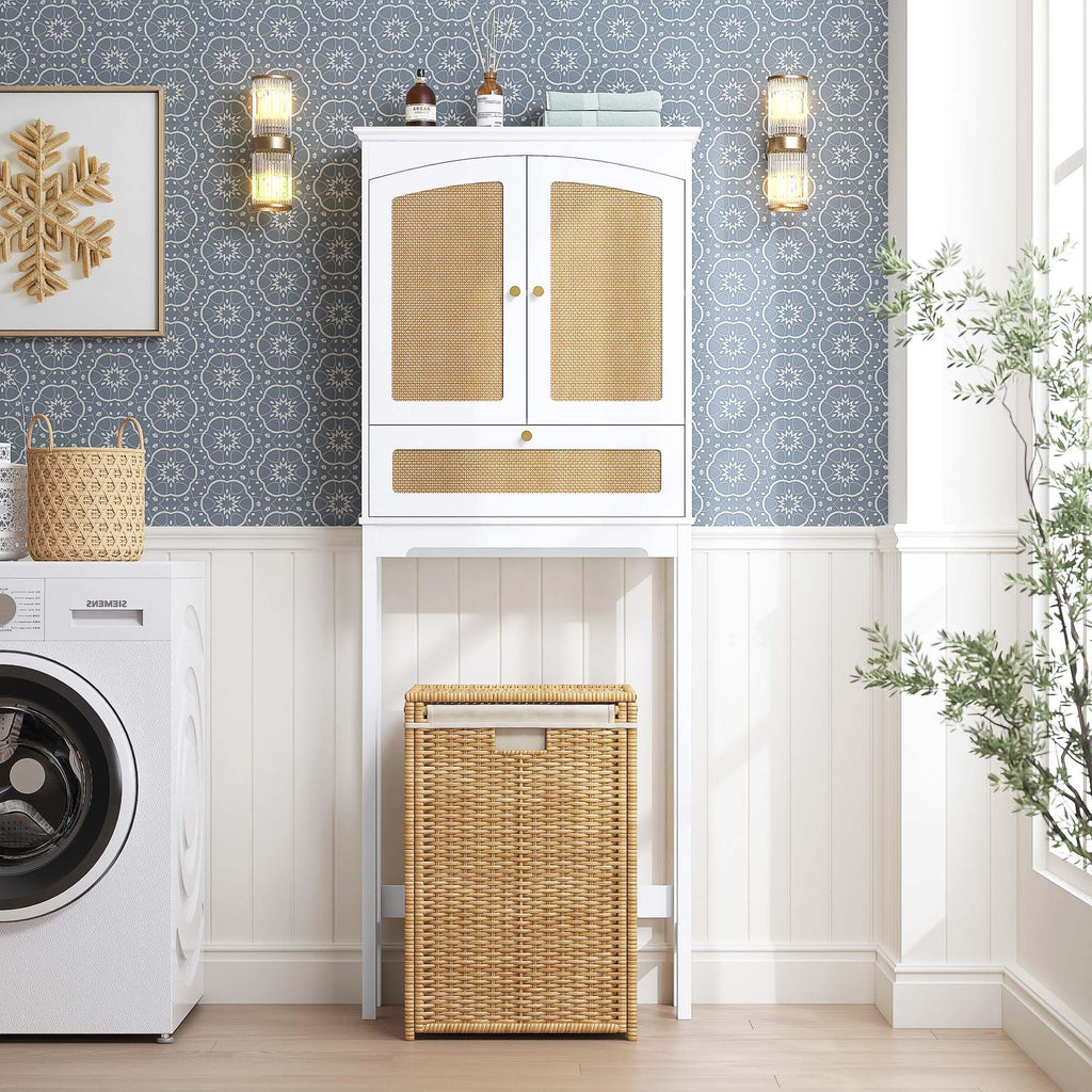 Over the Toilet Storage Cabinet with Arched Rattan Doors, White Q3069