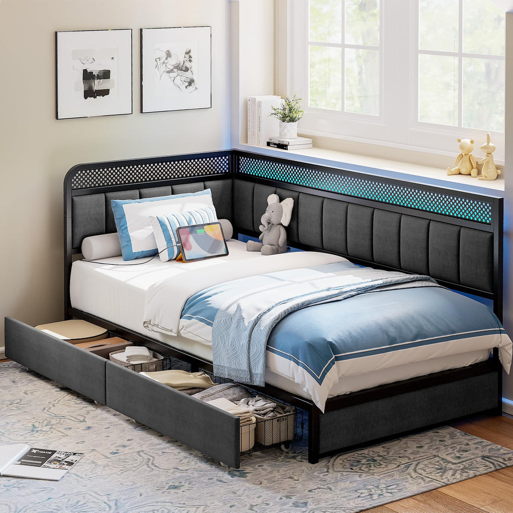 Twin Corner Bed Frame with Upholstered Guardrail H505