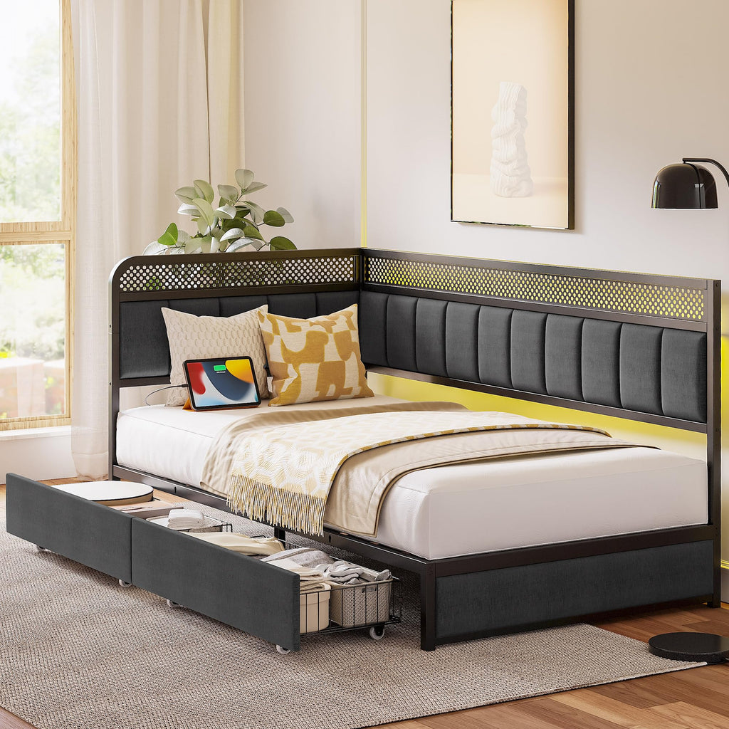 Twin Corner Bed Frame with Upholstered Guardrail H505